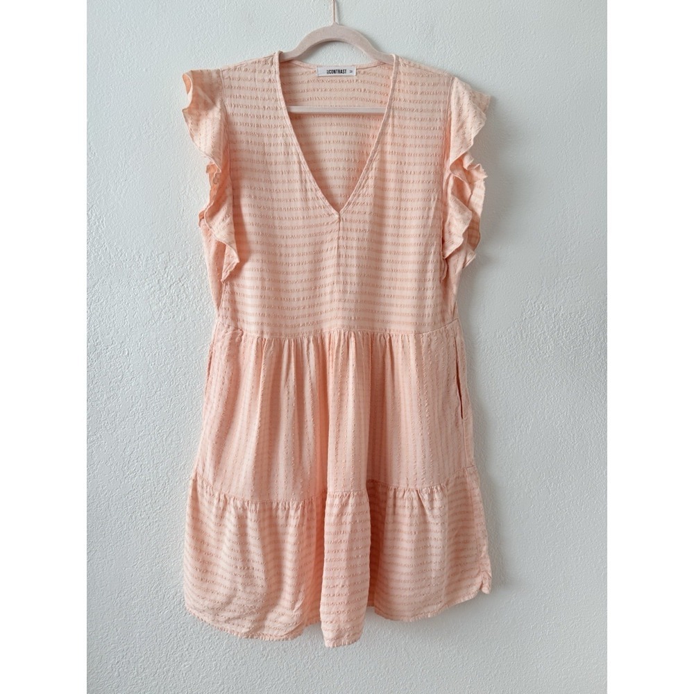 Self Contrast Pale Peach Texture Tiered Ruffle Summer Dress Size M 100% Cotton